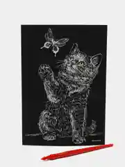Гравюра Котенок и бабочка с металлическим эффектом серебра А5