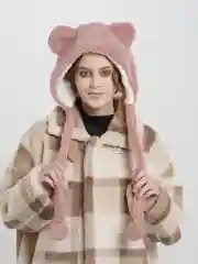 Коралловый меланж шапка-ушанка мишка