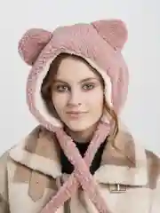 Коралловый меланж шапка-ушанка мишка
