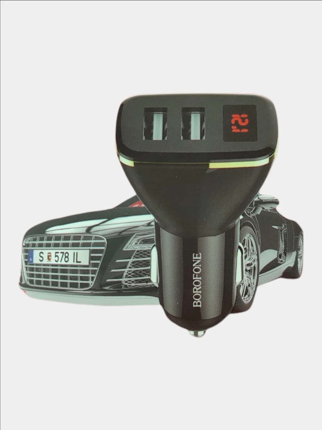 Черный автомобильное зарядное устройство с двойным USB и цифровым дисплеем