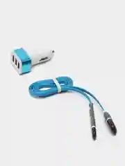 Голубой автомобильное зарядное устройство с кабелем 3*USB