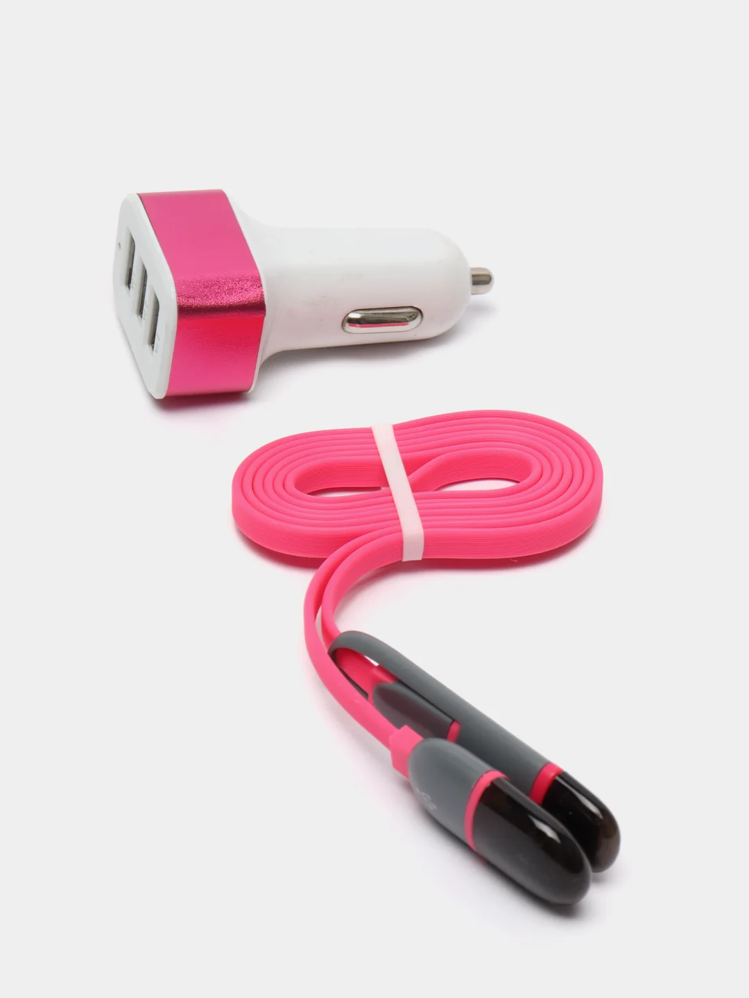 Розовый автомобильное зарядное устройство с кабелем 3*USB