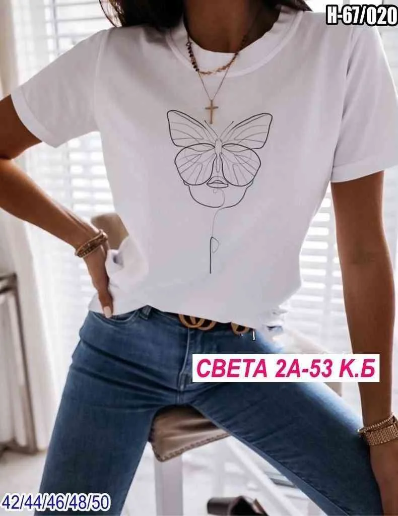 Белый футболка  женская из хлопка с принтом