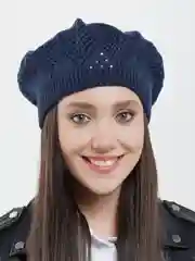 Синий ажурный вязаный берет "Юджит", весенняя женская шапка