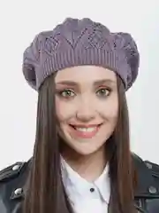 Пурпурный ажурный вязаный берет "Арина", шапка женская весна-осень