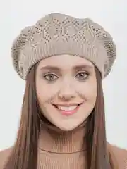 Бежевый меланж берет женский вязаный "Ева", ажурный