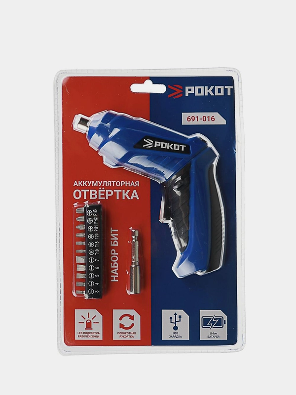 Отвертка аккум. 3,6 В, 1,3А*ч, Li-on,блистер,держатель магн. д/бит, набор бит 11шт,691-016