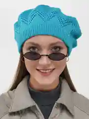 Лазурный ажурный вязаный берет "Юджит", весенняя женская шапка