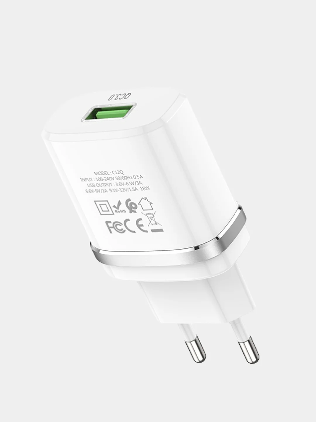 Белый сетевое зарядное устройство 18 W, Блок питания QC 3.0, Быстрая зарядка USB, Hoco C12Q