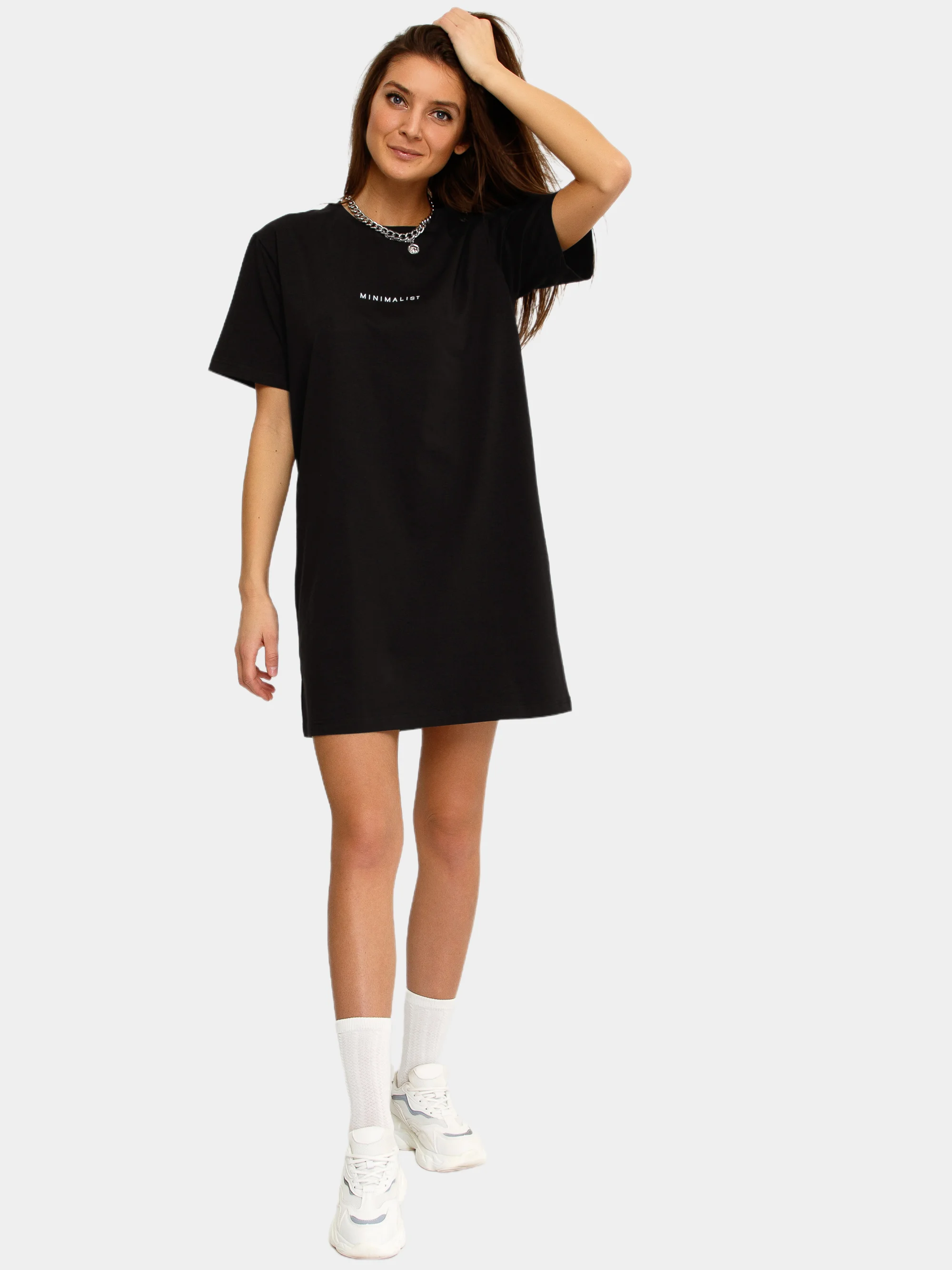 Черный платье-футболка Oversize с принтом, короткое