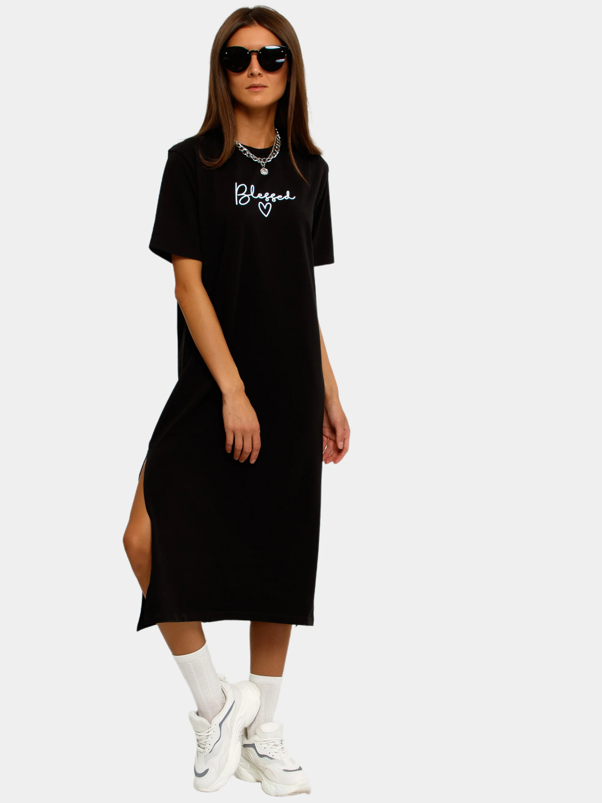 Черный платье-футболка Oversize с принтом, длинное