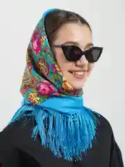 Голубой женский русский платок, с бахромой