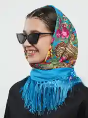 Голубой женский русский платок, с бахромой