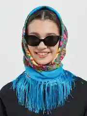 Голубой женский русский платок, с бахромой