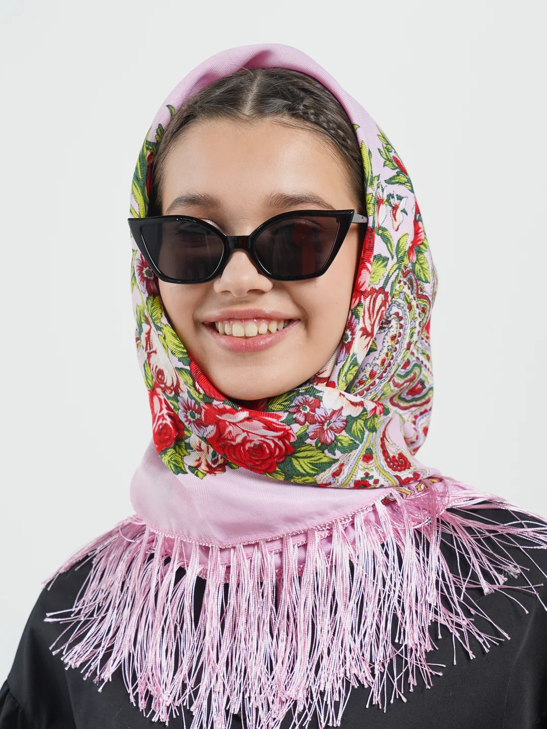 Розовый женский русский платок, с бахромой