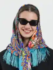 Бирюзовый платок женский, в русском стиле, с бахрамой, с цветами