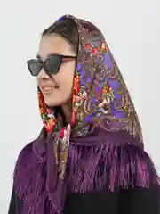 Фиолетовый женский русский платок, с бахромой