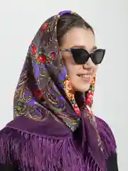 Фиолетовый женский русский платок, с бахромой