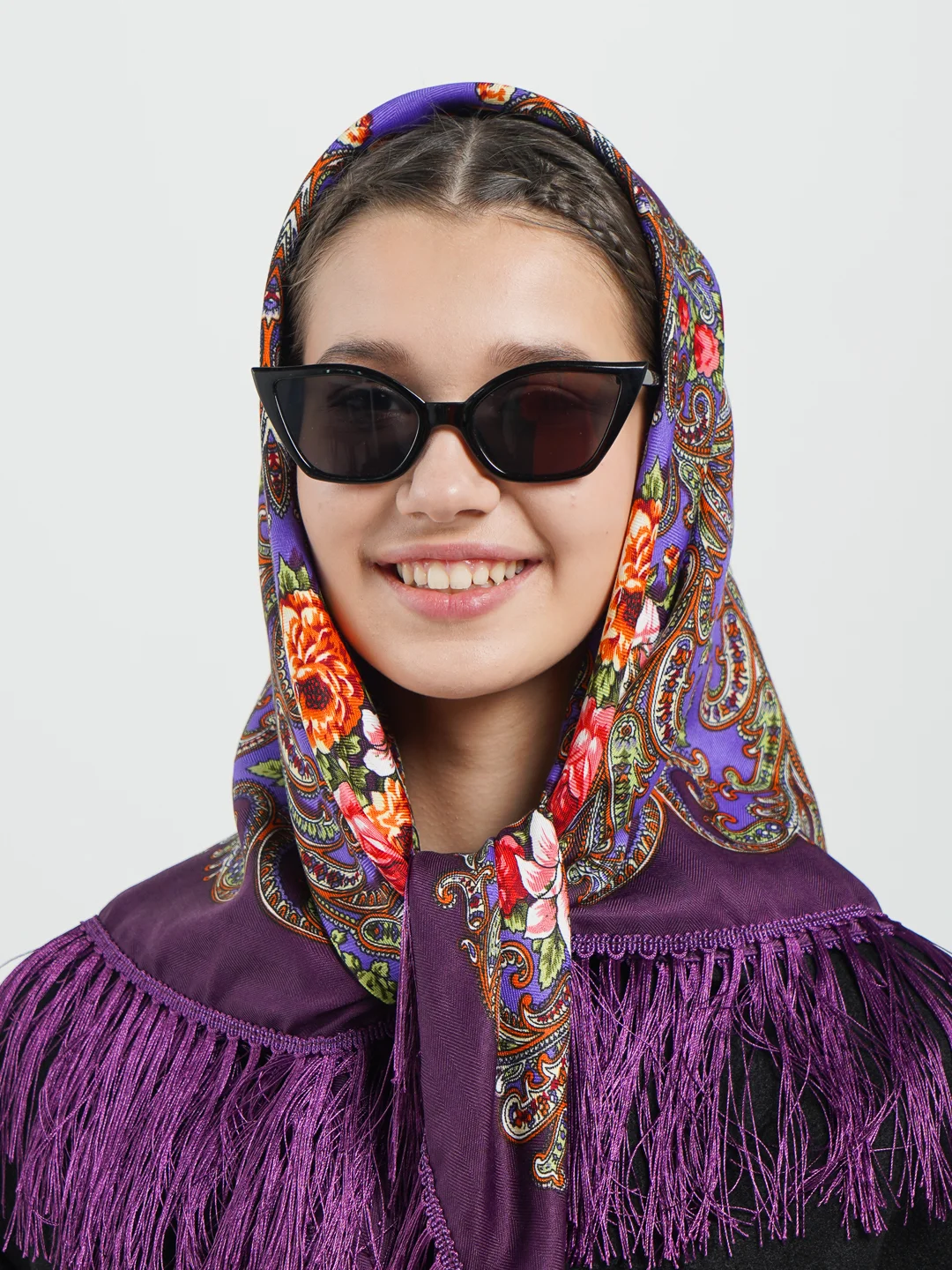 Фиолетовый женский русский платок, с бахромой
