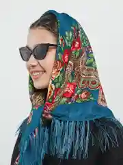 Тёмно-бирюзовый женский русский платок, с бахромой