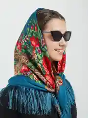 Тёмно-бирюзовый женский русский платок, с бахромой