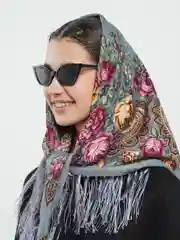 Серый меланж женский русский платок, с бахромой