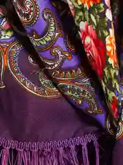 Фиолетовый платок женский, в русском стиле, с бахрамой, с цветами