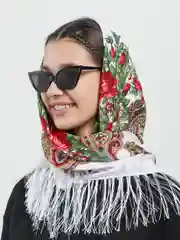 Белый женский русский платок, с бахромой