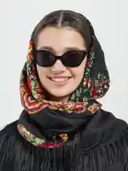 Черный платок женский, в русском стиле, с бахрамой, с цветами