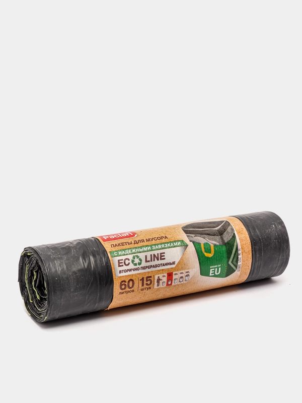 Мешки для мусора Paclan "Eco line" с тесьмой, 60 л, ПВД, черные, 15 штук