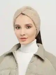 Бежевый повязка на голову вязаная, шерстяная, чалма.