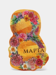 Открытка поздравительная "8 Марта!", венки и желтый фон, тиснение, 8 х 9 см