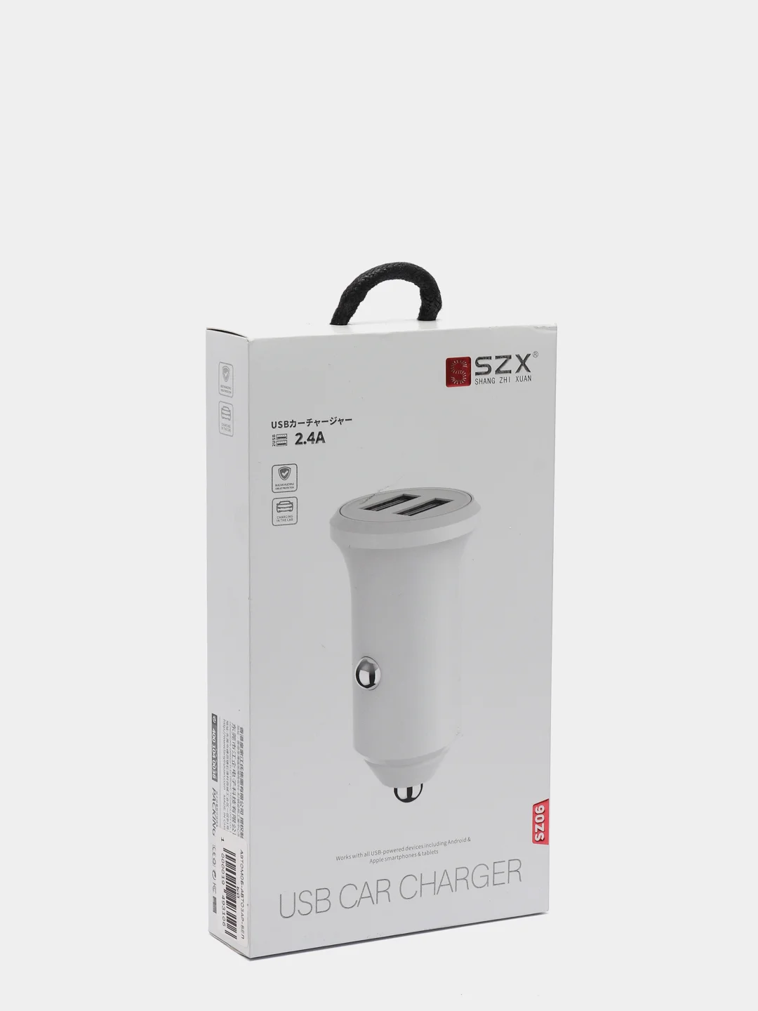 Белый автомобильное зарядное устройство SZX, 2 USB выхода, 2.4А, 2 цвета