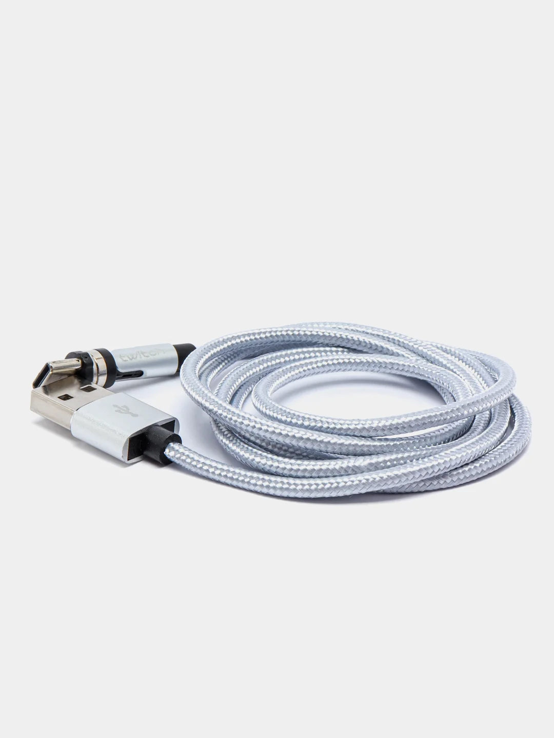 Серебряный usb кабель для зарядки магнитный Twitch 2.1 А 1 - метровый, поворот 180 градусов