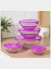 Фуксия салатник стеклянный прозрачный с крышкой, 5 цветов, 5 размеров
