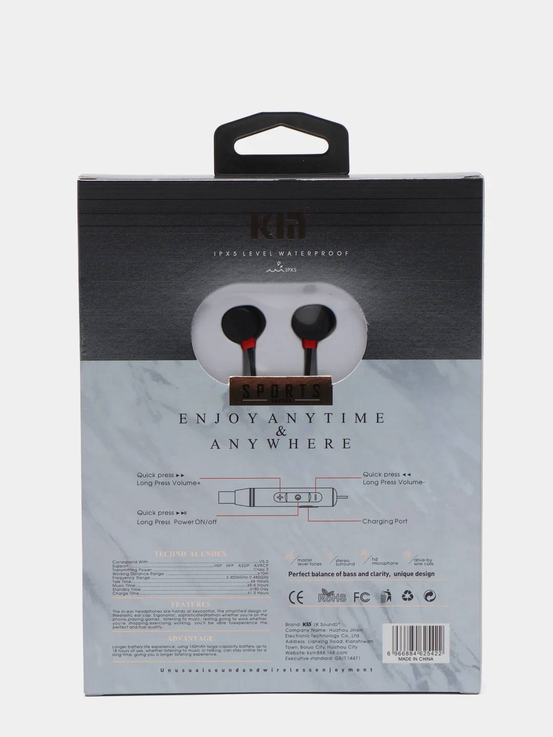 Наушники bluetooth KIN SPORT KL- 0, беспроводные, вакуумные, с микрофоном