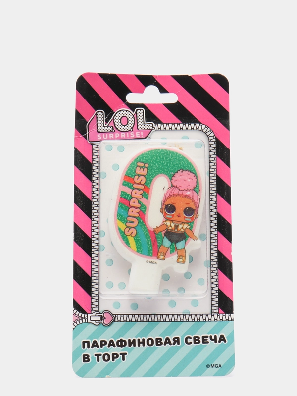 Парафиновая свеча в торт, цифра 0 с героем LOL, в блистере