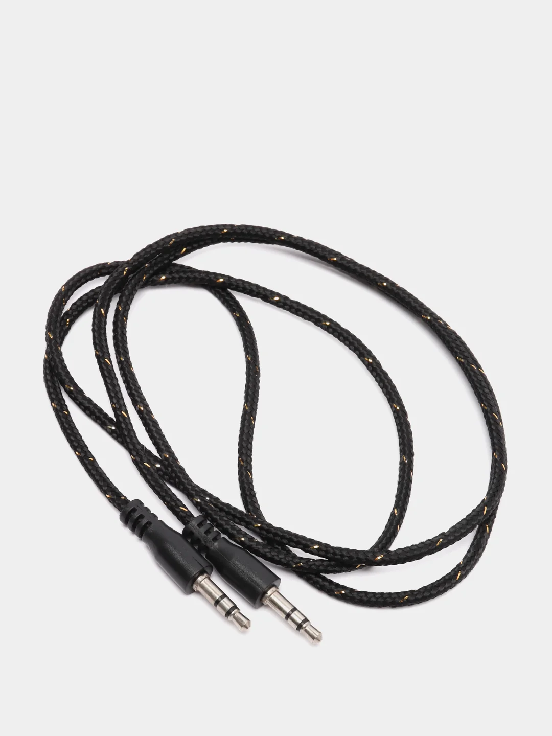 Черный кабель аудио AUX  текстильный круглый тонкий, разъём 3.5 Jack (M) - 3.5 Jack (M)