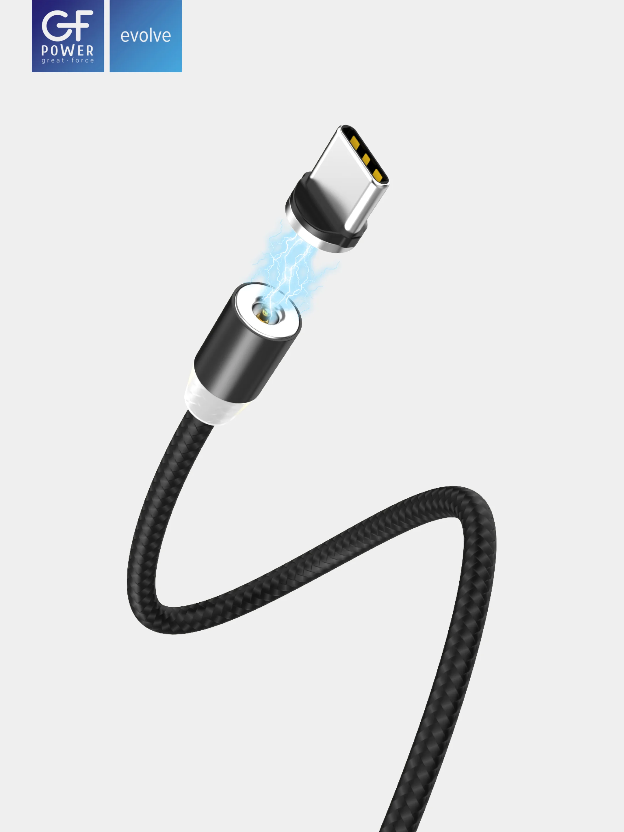 Черный кабель зарядки GFPower MAG09T, Type-C, нейлон, магнитный, 1 м, 2.4 A