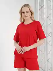 Красный костюм женский, хлопковый: футболка и шорты