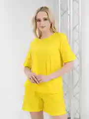 Желтый костюм женский, хлопковый: футболка и шорты