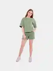 Зеленый спортивный костюм женский: футболка, шорты, хлопок