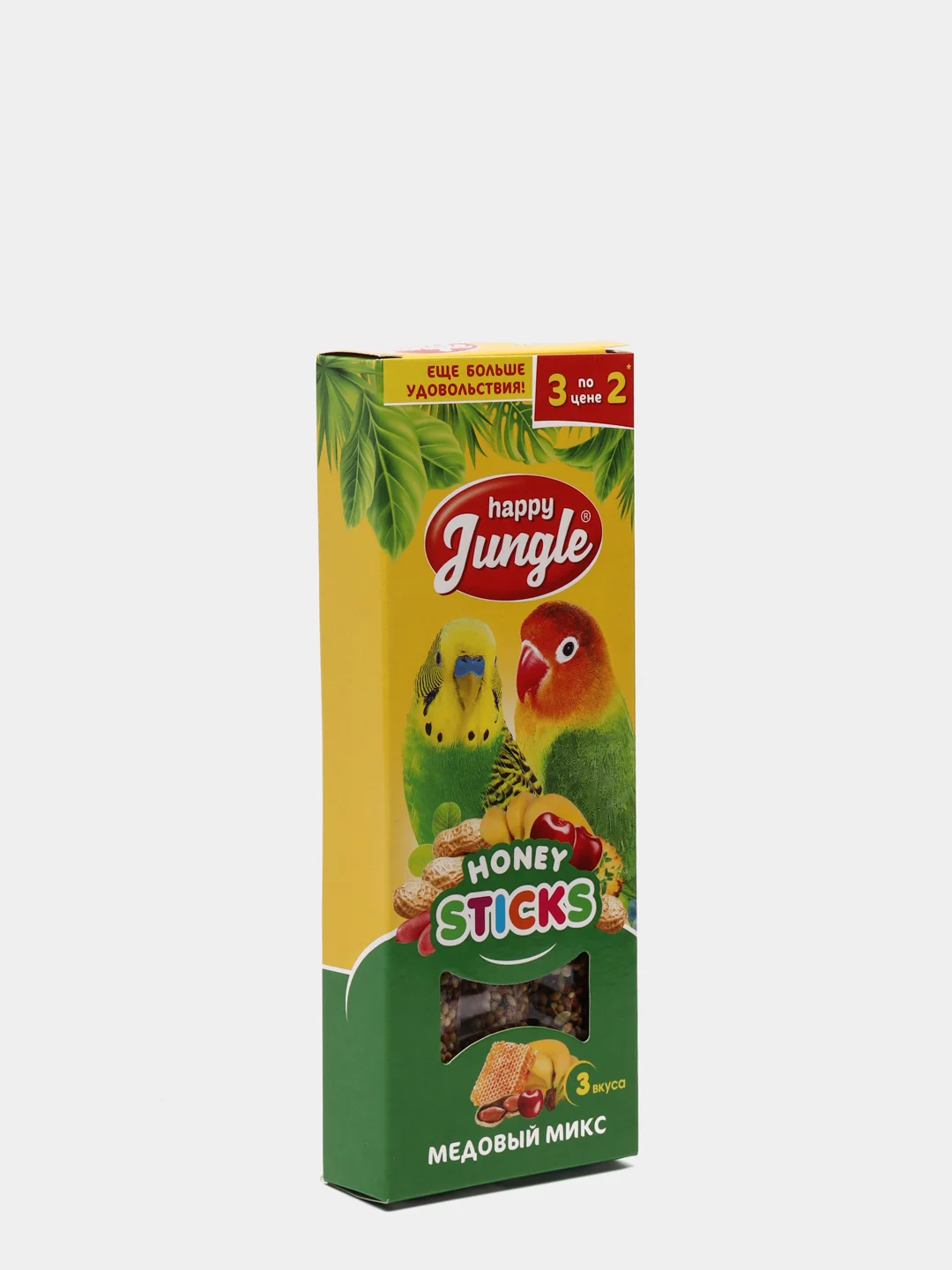 Палочки (лакомство) для птиц Happy Jungle "Медовый микс", 3 штуки, 90 г