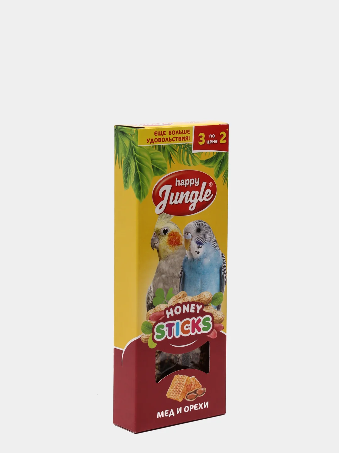 Палочки (лакомство) для птиц HAPPY JUNGLE, мед и орехи, 3 штуки, 90 гр