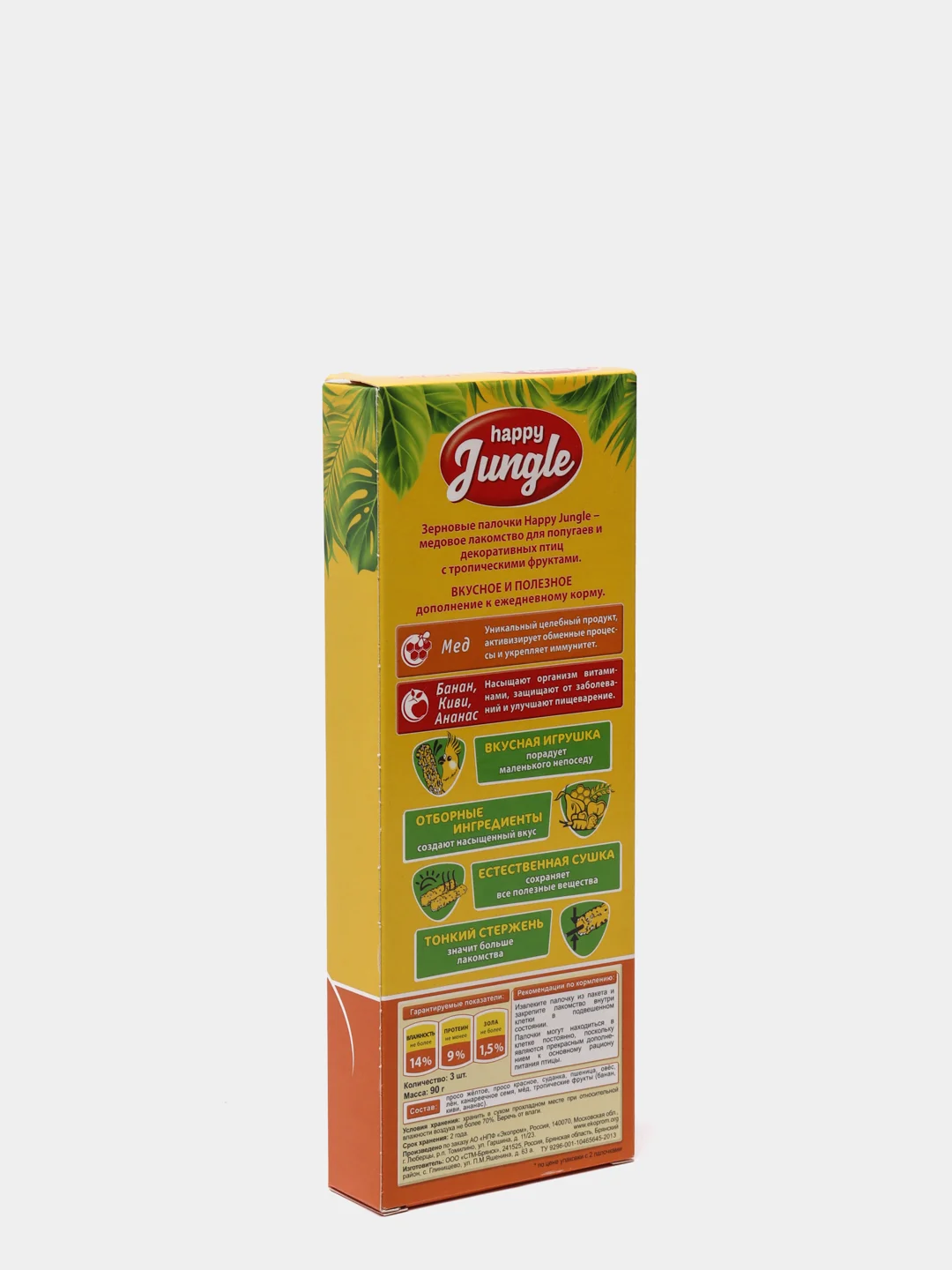 Палочки (лакомство) для птиц HAPPY JUNGLE, мед и фрукты, 3 штуки, 90 гр