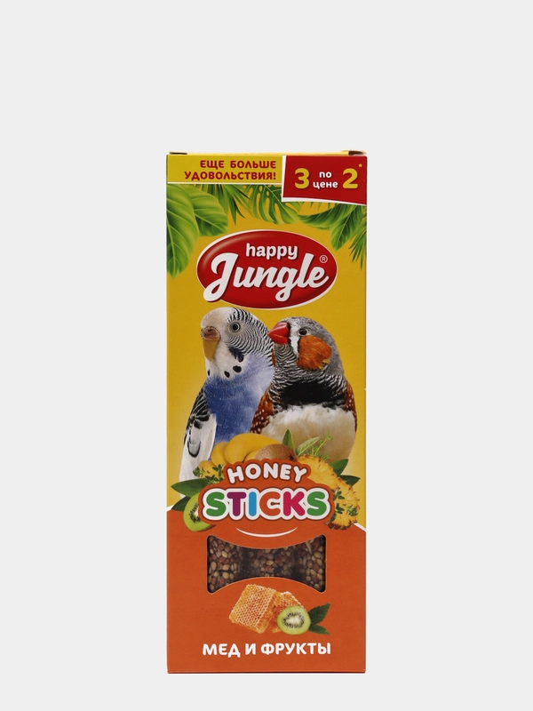 Палочки (лакомство) для птиц HAPPY JUNGLE, мед и фрукты, 3 штуки, 90 гр