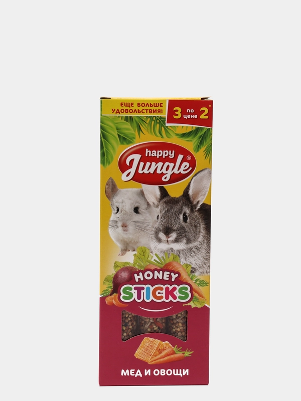 Палочки (лакомство) для крупных грызунов HAPPY JUNGLE мед и фрукты, 3 штуки, 90 г
