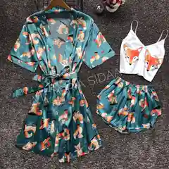 Золотой шелковый комплект женский: халат, майка, шорты
