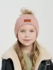 Розовый детская шапка, со съемным помпоном, из меха енота
