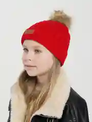 Красный детская шапка, со съемным помпоном, из меха енота